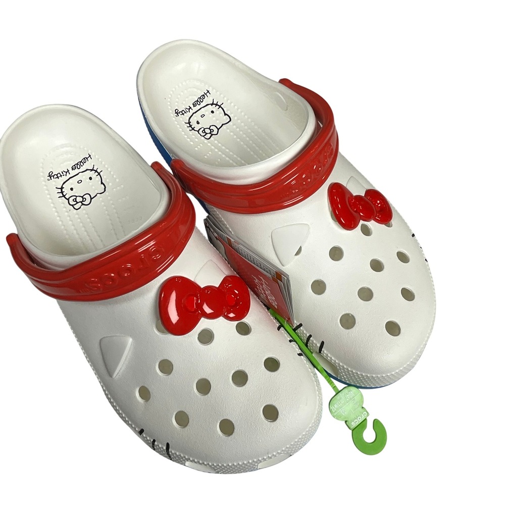 Crocs Hello Kitty Clogs White Red Blue WOMEN SIZE 14, MEN 12 Slip On Shoes‎
